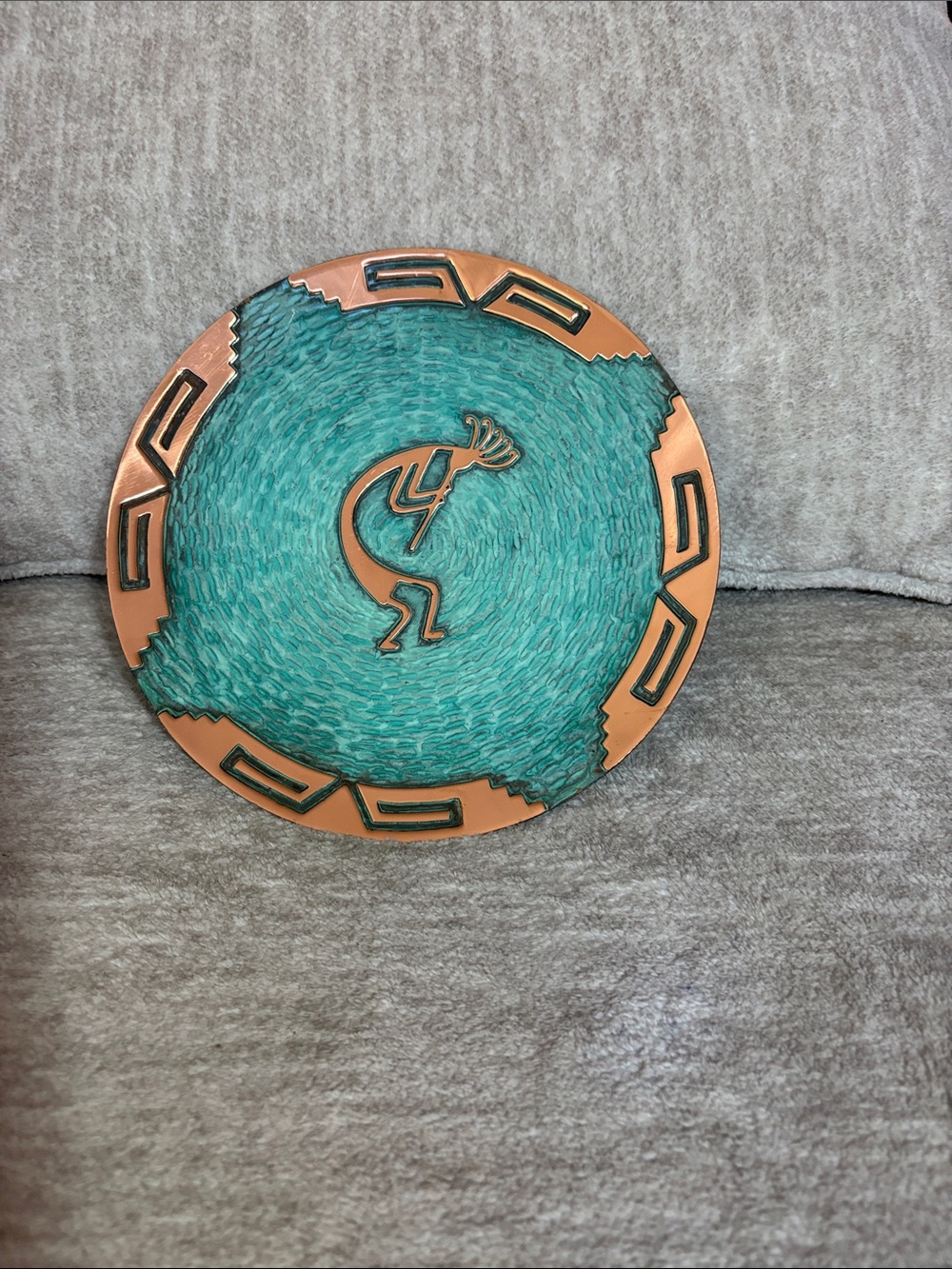 Copper wall plate  New World Trade Co., Kokopelli Medicine Plate with Turquoise